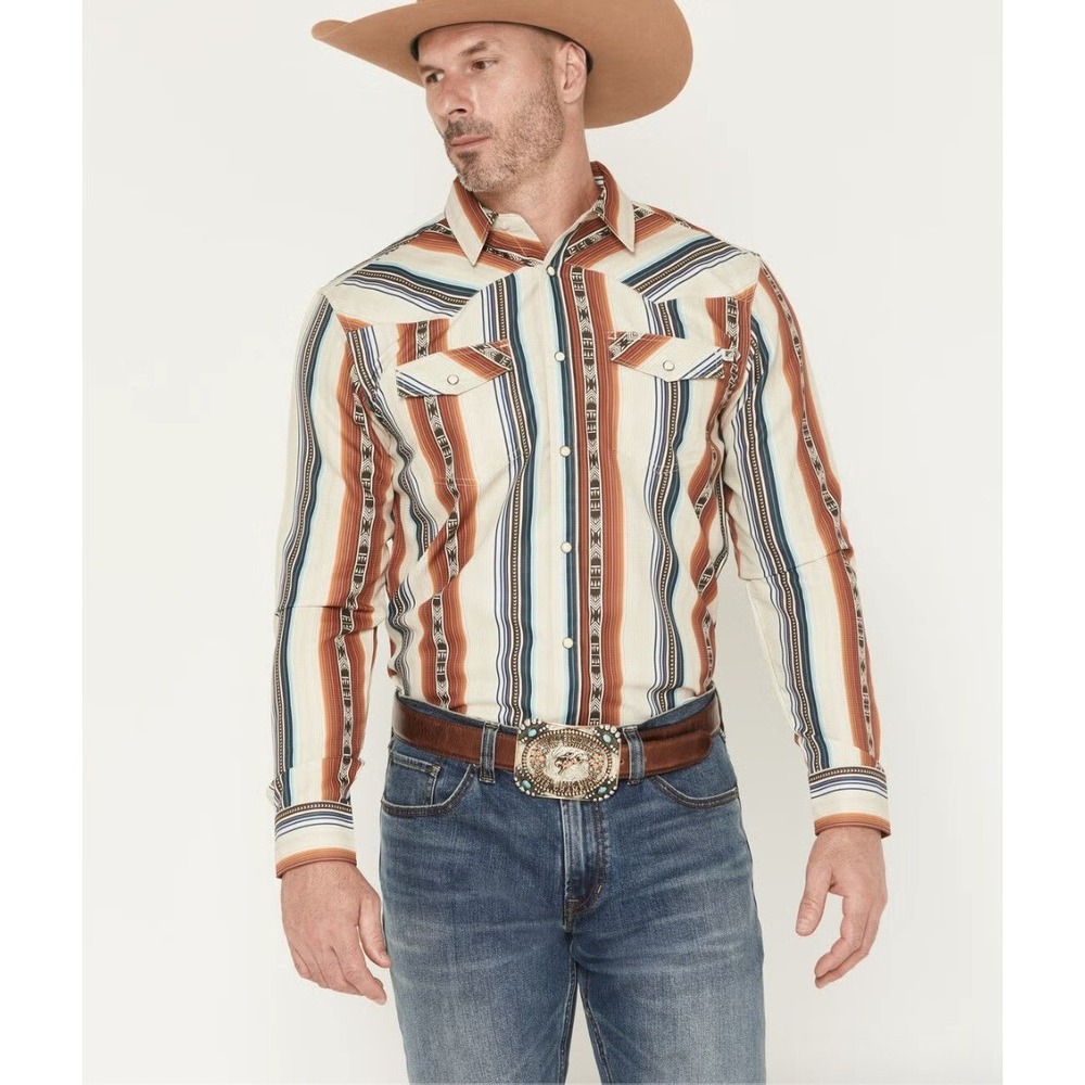 RANK 45 Men's Range Rider Striped Pearl Snap Western Shirt Moisture Wicking